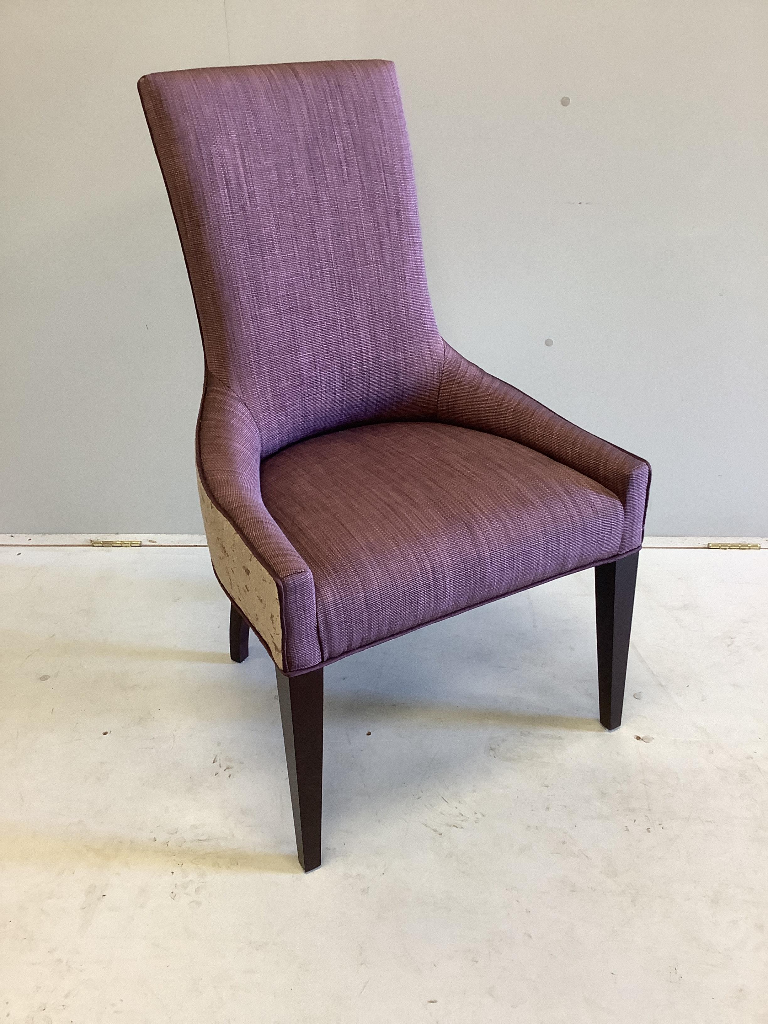 A set of ten Claverton dining chairs by Ben Whistler, Chapel Street, upholstered in Dedar Jasper Myrtille and Evitavonni Verona Oro fabrics, width 58cm, depth 60cm, height 97cm